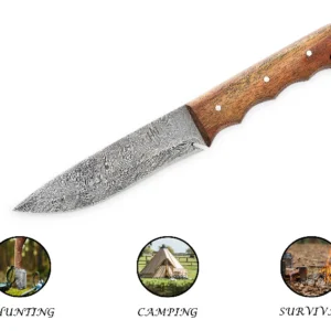 Damascus Steel Survival Knife, Damascus Steel Hunting Knife with Leather Sheath