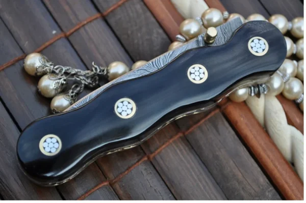 Custom Made Damascus Folding Knife Buffalo Horn & Mosaic Pins Handle- An Art By Koobi