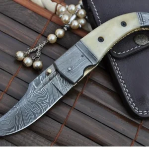 Damascus Folding Knife with Camel Bone & Damascus Handle