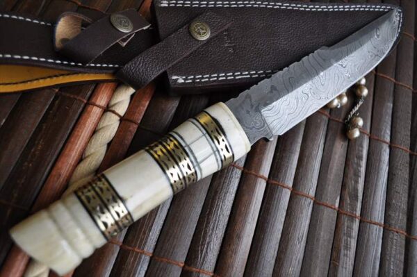 Custom Damascus Bowie Knife with Bone Handle & Sheath - Image 2
