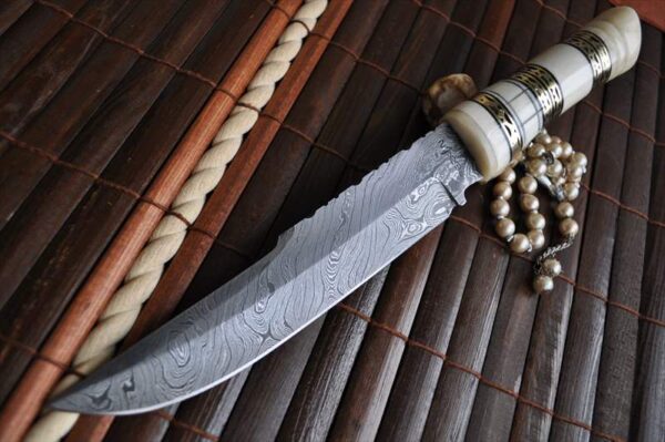 Custom Damascus Bowie Knife with Bone Handle & Sheath