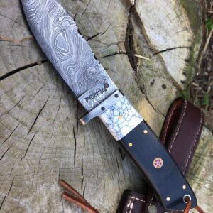 9 Inches Damascus Steel Hunting Knife With Leather Sheath