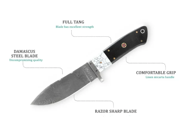9 Inches Damascus Steel Hunting Knife With Leather Sheath - Image 3