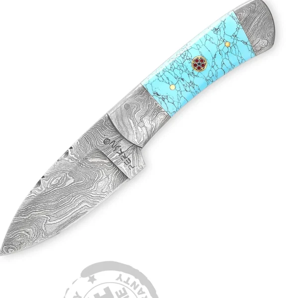 Handmade Damascus Steel Hunting Knife Turquoise & Mosaic Pins Handle