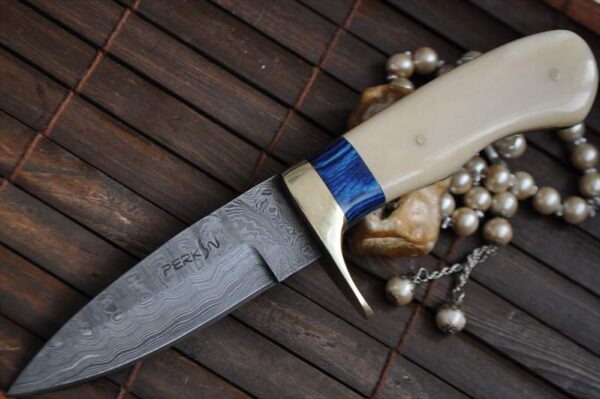Custom Damascus Hunting Knife With Mammoth Handle & Sheath - Image 2