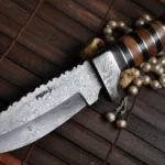 Handmade damascus steel fixed blade hunting knife with leather sheath