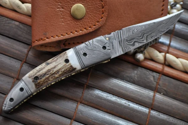 Damascus Folding Pocket Knife With Linear Lock - Image 3