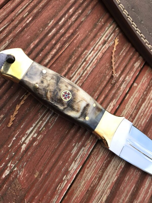 Hunting knife fixed blade with leather sheath Ram's horn handle double edge blade - Image 7