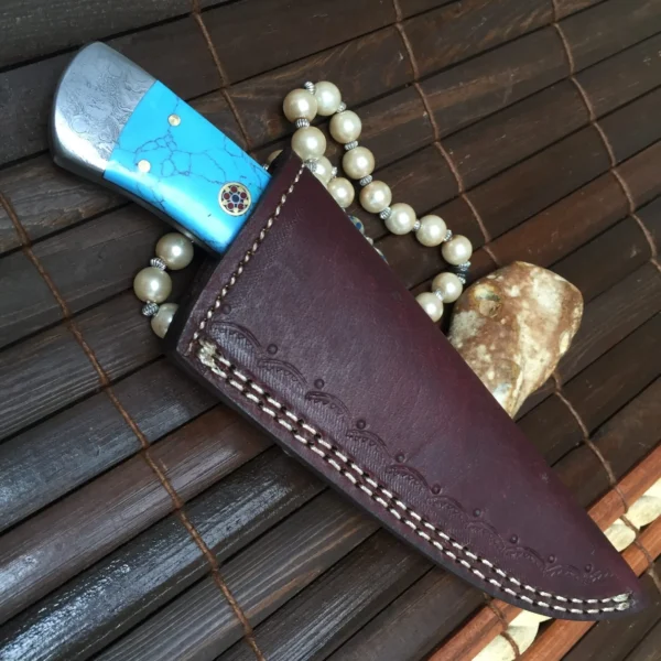 Handmade Damascus Steel Hunting Knife Turquoise & Mosaic Pins Handle - Image 2