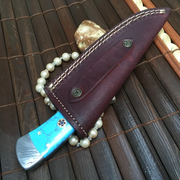 Handmade Damascus Steel Hunting Knife Turquoise & Mosaic Pins Handle - Image 3