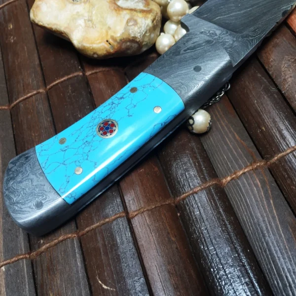 Handmade Damascus Steel Hunting Knife Turquoise & Mosaic Pins Handle - Image 7