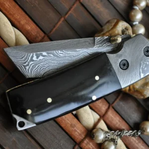 Custom Made Damascus Folding Knife with Tanto Blade & Buffalo Horn Handle