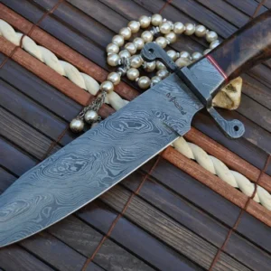 Beautiful Damascus Hunting/Bowie with Burl Wood Handle