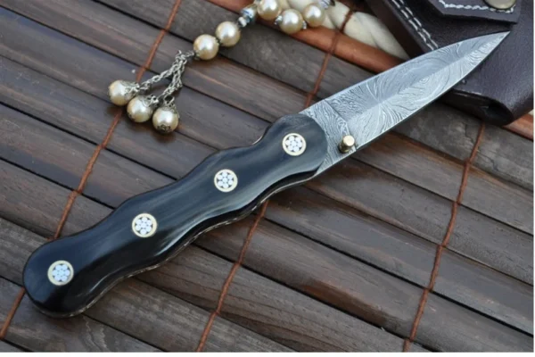 Custom Made Damascus Folding Knife Buffalo Horn & Mosaic Pins Handle- An Art By Koobi - Image 4