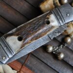 Custom Damascus Folding Knife with Handmade Leather Pouch