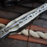 Custom Damascus Folding Knife with Handmade Leather Pouch - Image 4