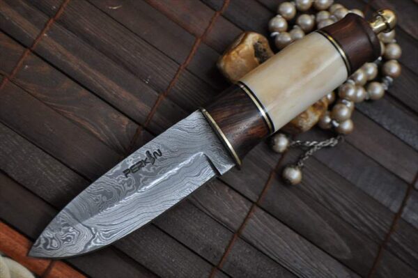 Custom Damascus Hunting Knife with Burl wood & Mammoth Bone Handle