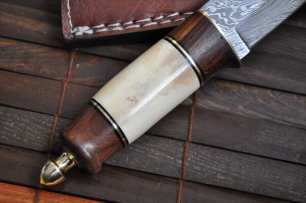 Custom Damascus Hunting Knife with Burl wood & Mammoth Bone Handle - Image 4