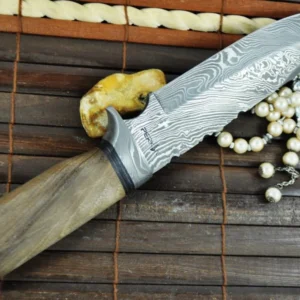 Fixed Blade Hunting Knife with Leather Sheath & Burl Wood Handle