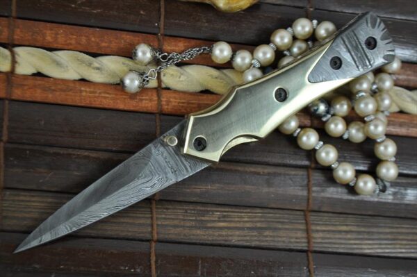 Custom Handmade Damascus Pocket Knife Damascus & Brass Handle - Image 2