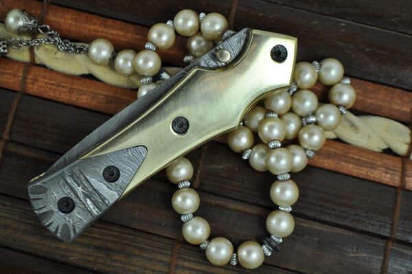 Custom Handmade Damascus Pocket Knife Damascus & Brass Handle - Image 5