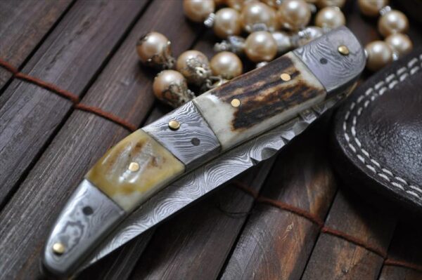 Custom Made Damascus & Stag Folding Knife - Toothpick Knife Work of Art By Chris