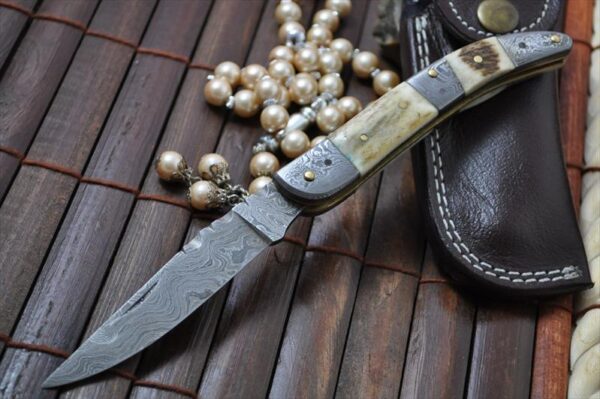 Custom Made Damascus & Stag Folding Knife - Toothpick Knife Work of Art By Chris - Image 2