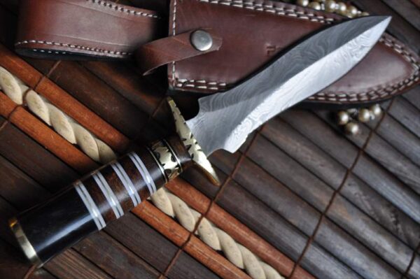 Damascus Double Edge Hunting Knife with Pear Wood & Buffalo Horn handle - Image 2