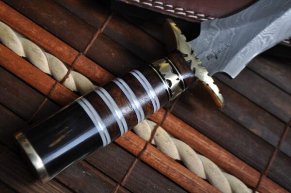Damascus Double Edge Hunting Knife with Pear Wood & Buffalo Horn handle - Image 4