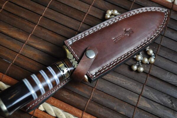 Damascus Double Edge Hunting Knife with Pear Wood & Buffalo Horn handle - Image 5