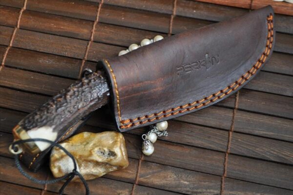 Stag Antler Handle Knife with Handmade Scabbard - Image 4