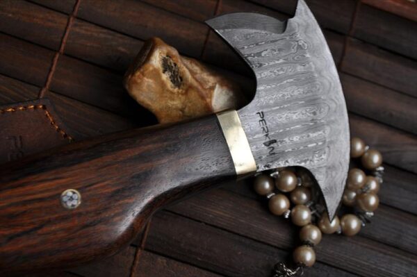 Handmade Damascus Axe with Burl Wood Mosaic Pins Handle - Image 3