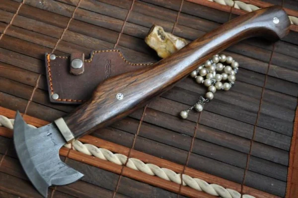 Handmade Damascus Axe with Burl Wood Mosaic Pins Handle