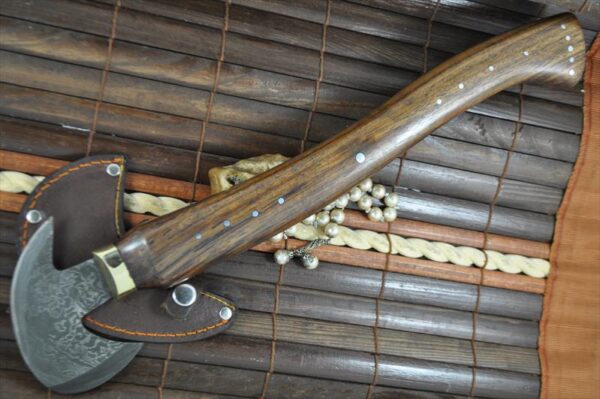 Handmade Damascus Axe with Burl Wood & Steel Pins Handle - Image 2