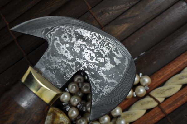 Handmade Damascus Axe with Burl Wood & Steel Pins Handle - Image 3