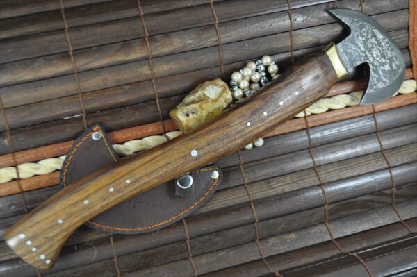 Handmade Damascus Axe with Burl Wood & Steel Pins Handle