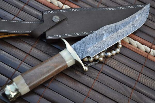 Damascus Hunting Knife with Mammoth Bone & Olive Wood Handle - Image 2
