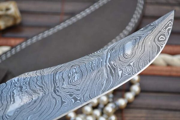 Damascus Hunting Knife with Mammoth Bone & Olive Wood Handle - Image 3