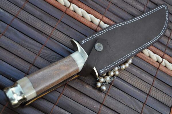 Damascus Hunting Knife with Mammoth Bone & Olive Wood Handle - Image 5
