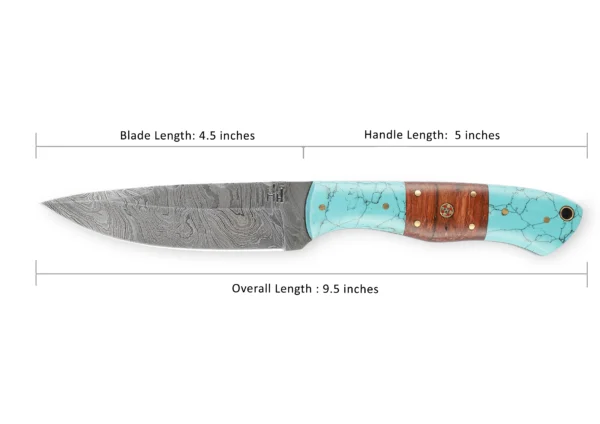 Handmade Bushcraft Damascus Steel Knife | Hunting Knife with Leather Sheath, Wood and Turquoise Handle | Full Tang, Fixed blade - Image 3