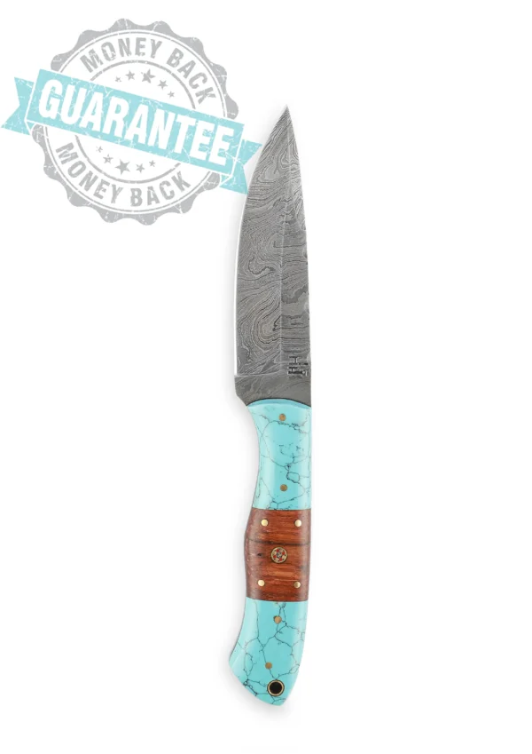 Handmade Bushcraft Damascus Steel Knife | Hunting Knife with Leather Sheath, Wood and Turquoise Handle | Full Tang, Fixed blade - Image 4