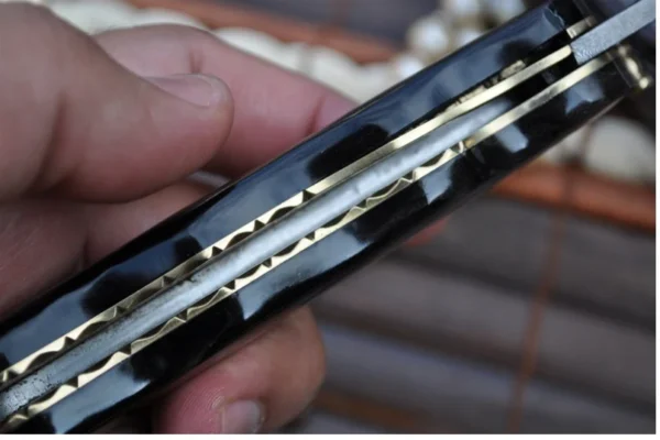 Custom Made Damascus Folding Knife Buffalo Horn & Mosaic Pins Handle- An Art By Koobi - Image 2